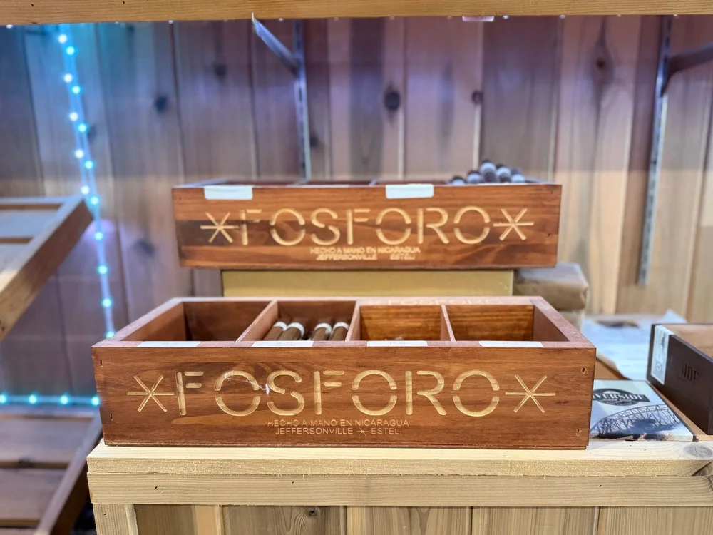 Fosforo cigar boxes in the Match Cigar Bar humidor — Hecho a Mano en Nicaragua — the exclusive house brand