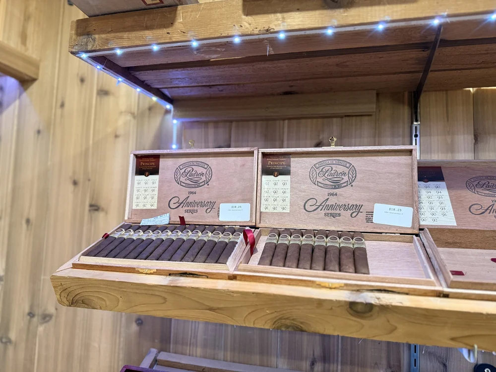 Padr&oacute;n 1964 Anniversary Series boxes displayed in the walk-in humidor at Match Cigar Bar, Jeffersonville Indiana